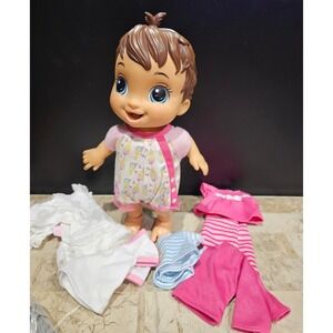 Baby Alive Doll with Extra Outfits Brown Hair Blue Eyes Ice Cream Romper Lot